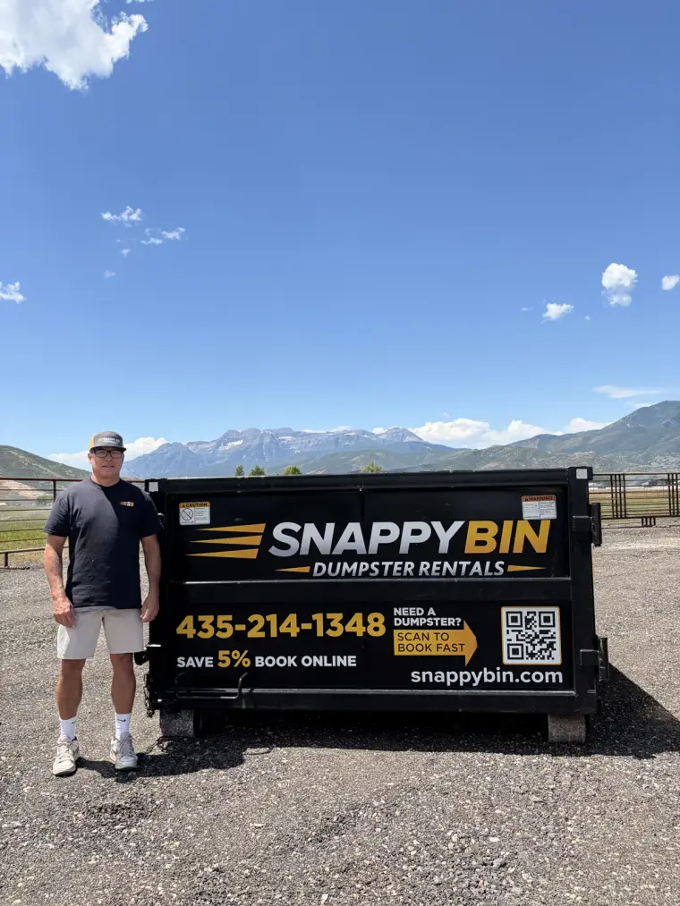 Snappy Bin roll-off dumpster rental in Park City, Utah with Mount Timpanogos in the background