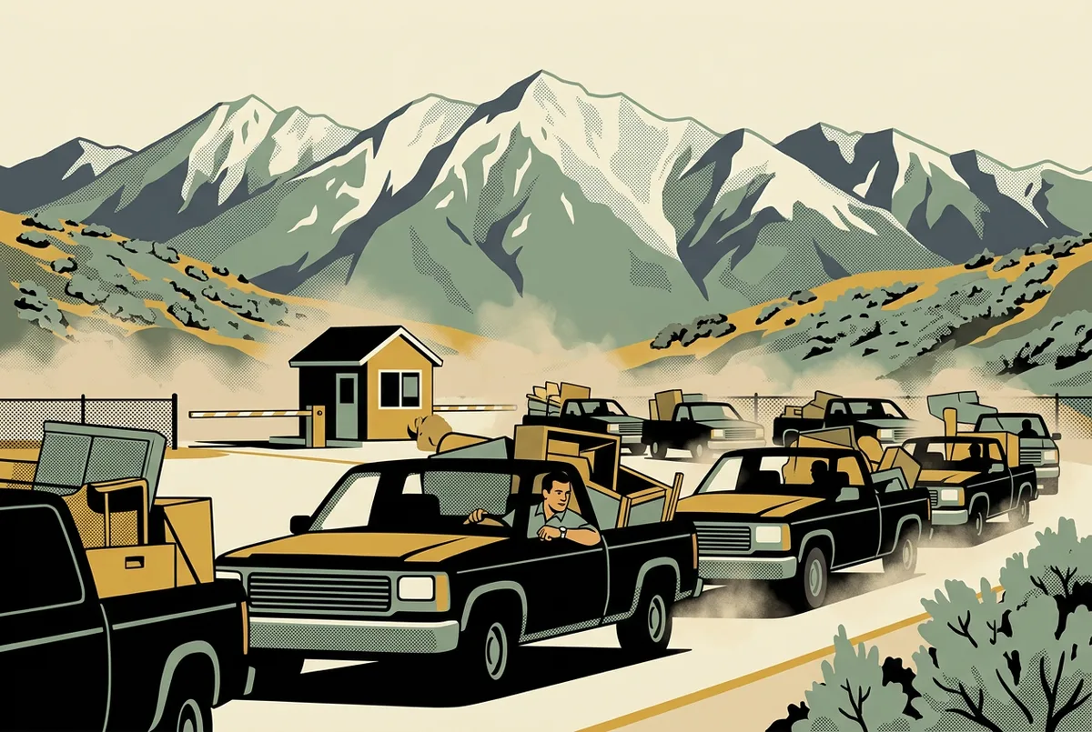 Editorial illustration of pickup trucks queued at a landfill gate below the Wasatch peaks — the line a Heber City dumpster rental skips