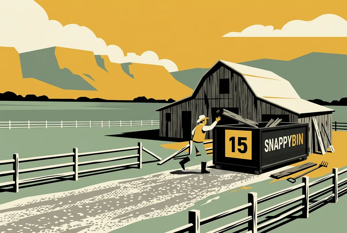 Editorial illustration of a Snappy Bin dumpster beside a Kamas Valley barn with hay fields and the Uinta foothills behind