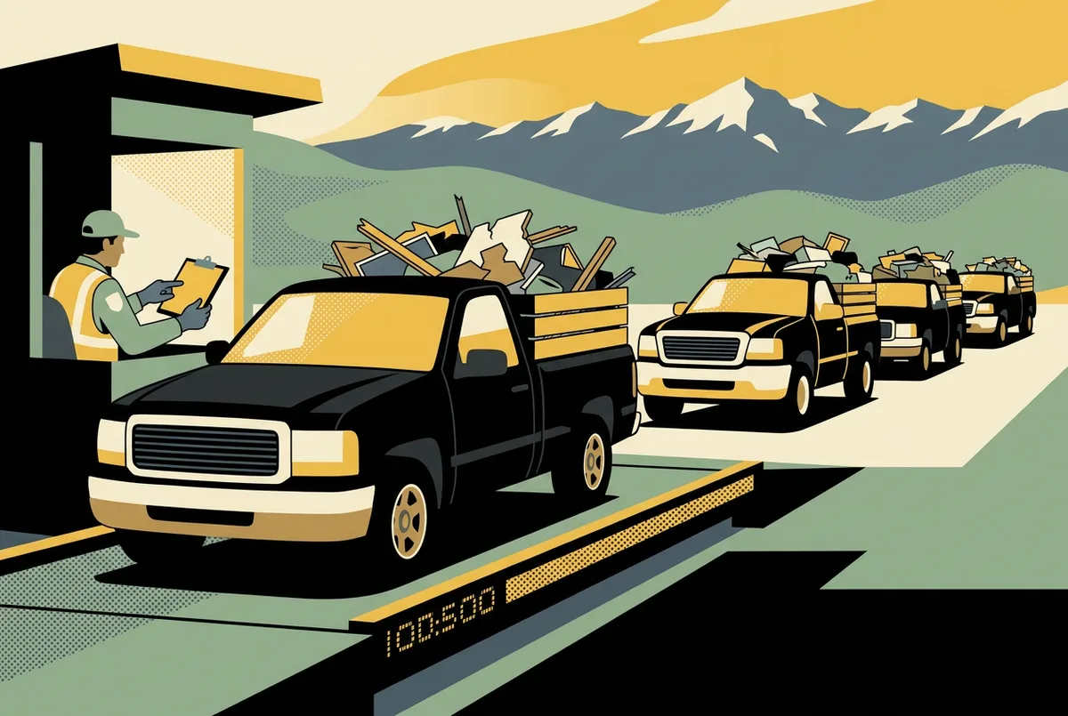 Editorial illustration of a loaded pickup truck waiting on the landfill scale with a line behind it — the wait a Midway dumpster rental avoids
