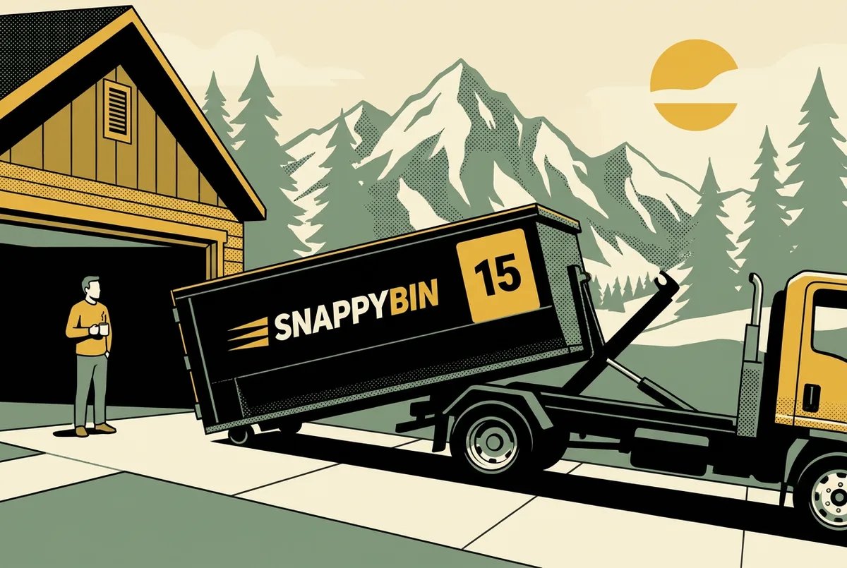 Editorial illustration of a Snappy Bin roll-off dumpster being delivered to a Park City mountain driveway