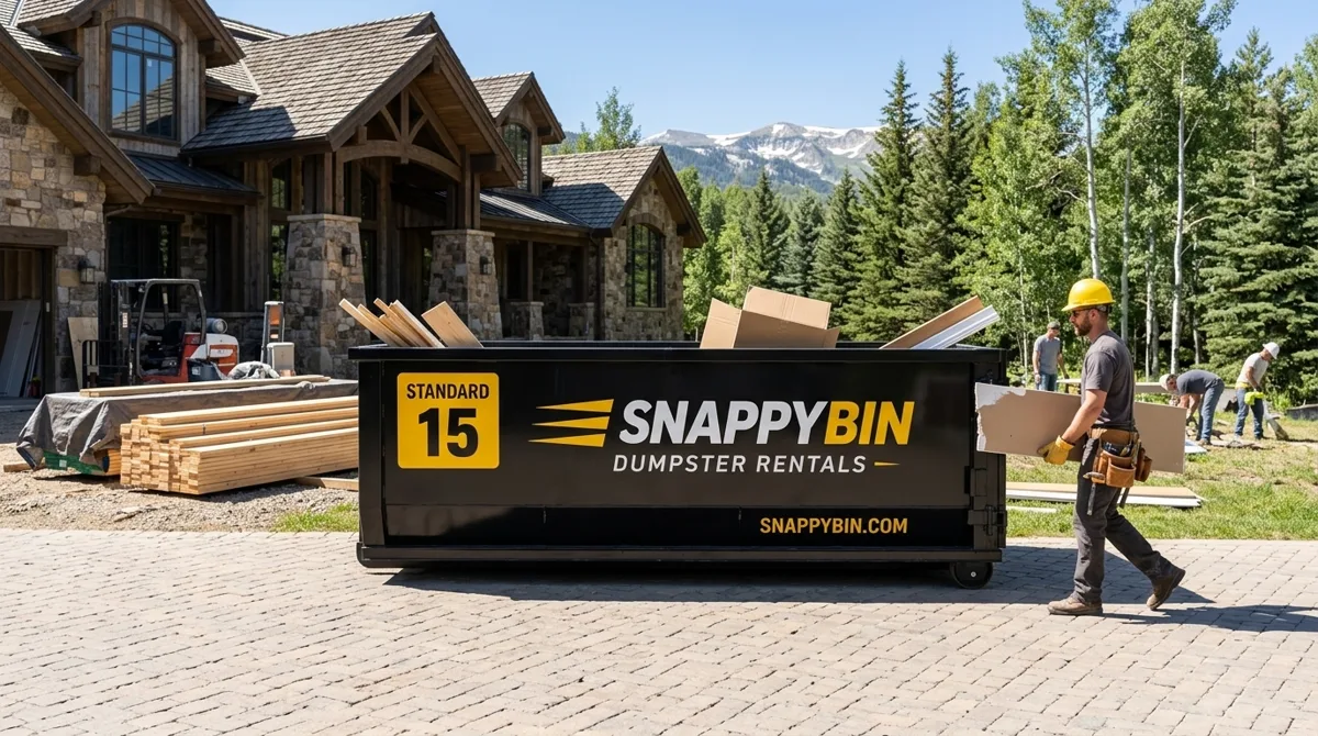 Contractor loading drywall scrap into a SnappyBin Standard 15 dumpster at a Park City remodel jobsite