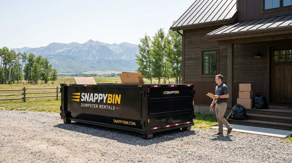 Property manager with clipboard at a rural Kamas Valley cabin rental with a SnappyBin dumpster in the gravel driveway