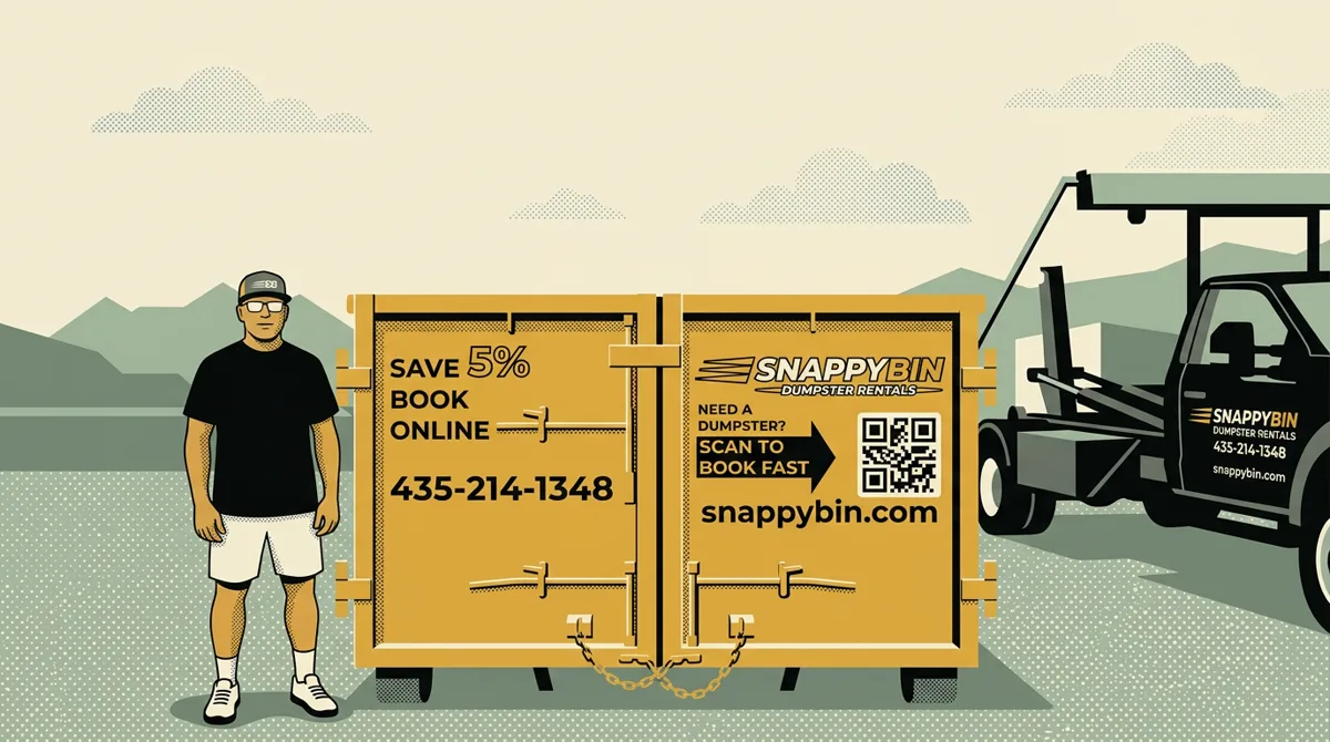 Editorial illustration of a Snappy Bin roll-off dumpster and hooklift truck ready for a construction debris haul
