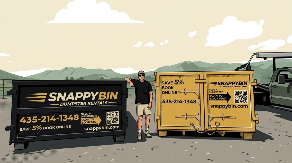 Editorial illustration of the Snappy Bin crew with the Standard 15 and Compact 15 dumpsters in front of the Wasatch mountains