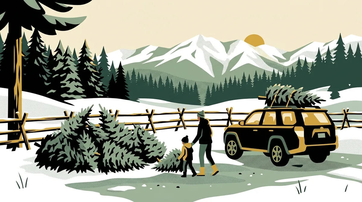 Editorial illustration of a family dropping off their Christmas tree at a snowy Summit County collection site