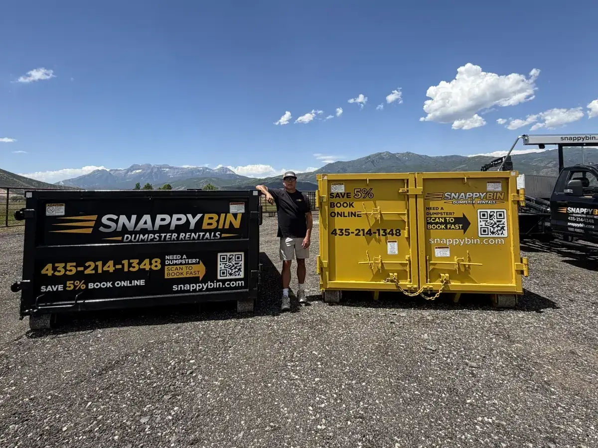 Snappy Bin roll-off containers in Park City with the Wasatch mountains behind