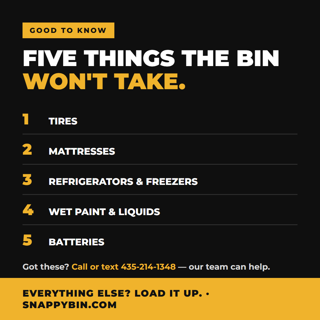 Five things a dumpster rental won’t take: tires, mattresses, refrigerators and freezers, wet paint and liquids, batteries