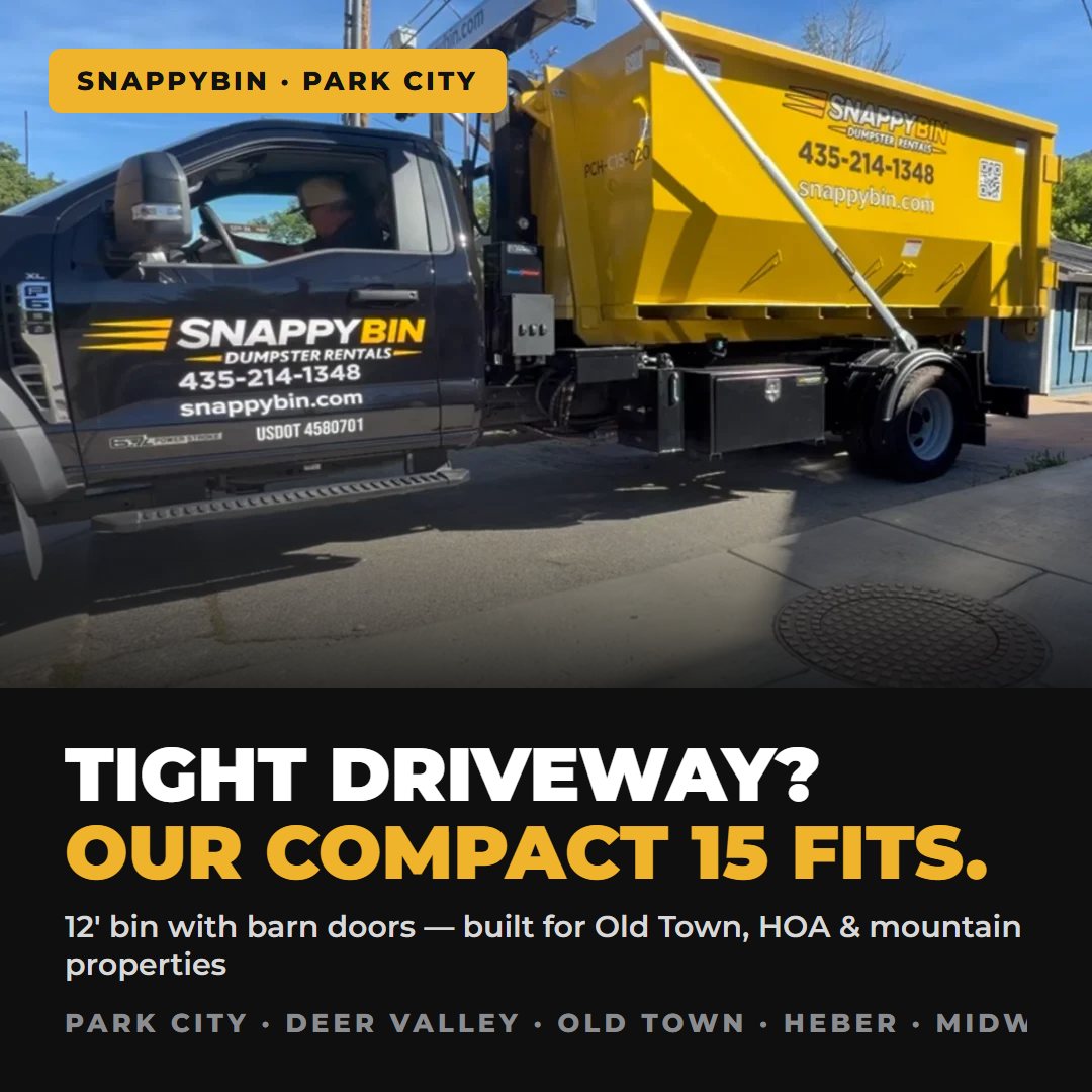 The yellow SnappyBin Compact 15 dumpster rental fits tight Park City driveways where others won’t
