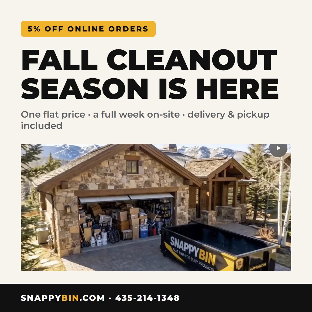 Fall cleanout season: cluttered Park City garage with a SnappyBin dumpster rental ready in the driveway