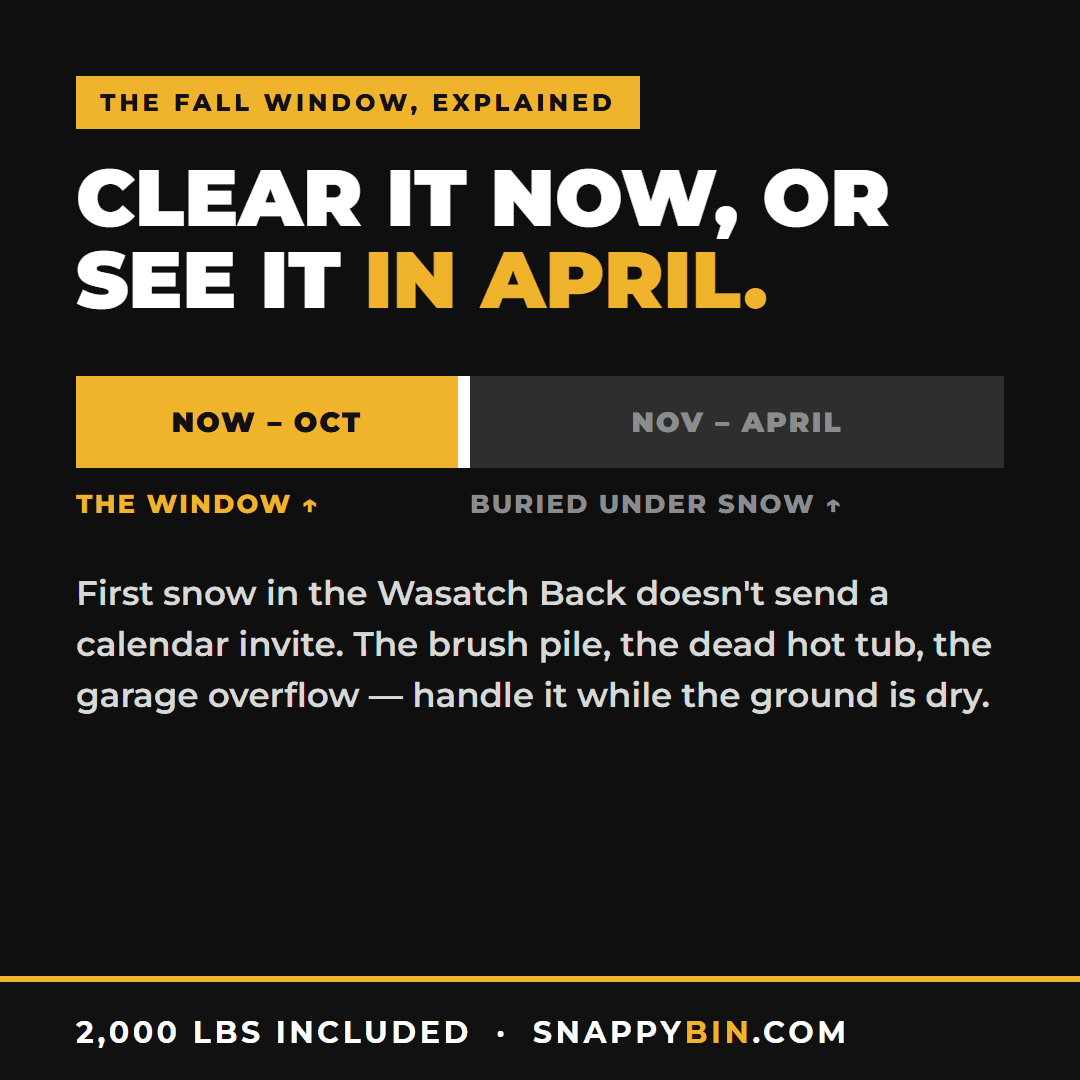 The fall window explained: clear it now through October, or see it buried under snow until April. $550 for up to 30 days, 2,000 lbs included.