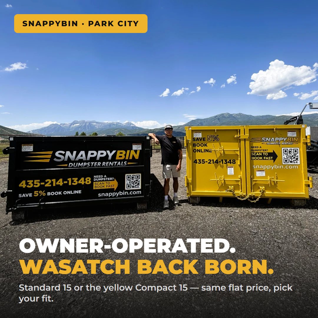 Owner standing between the black Standard 15 and yellow Compact 15 SnappyBin dumpster rentals