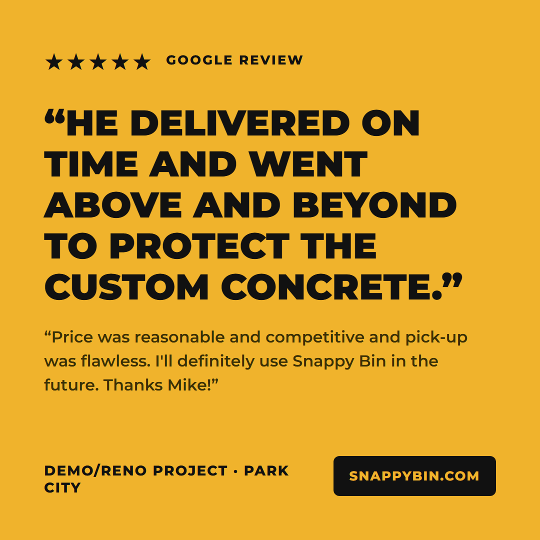 Five-star Google review for SnappyBin dumpster rental: delivered on time and protected the custom concrete