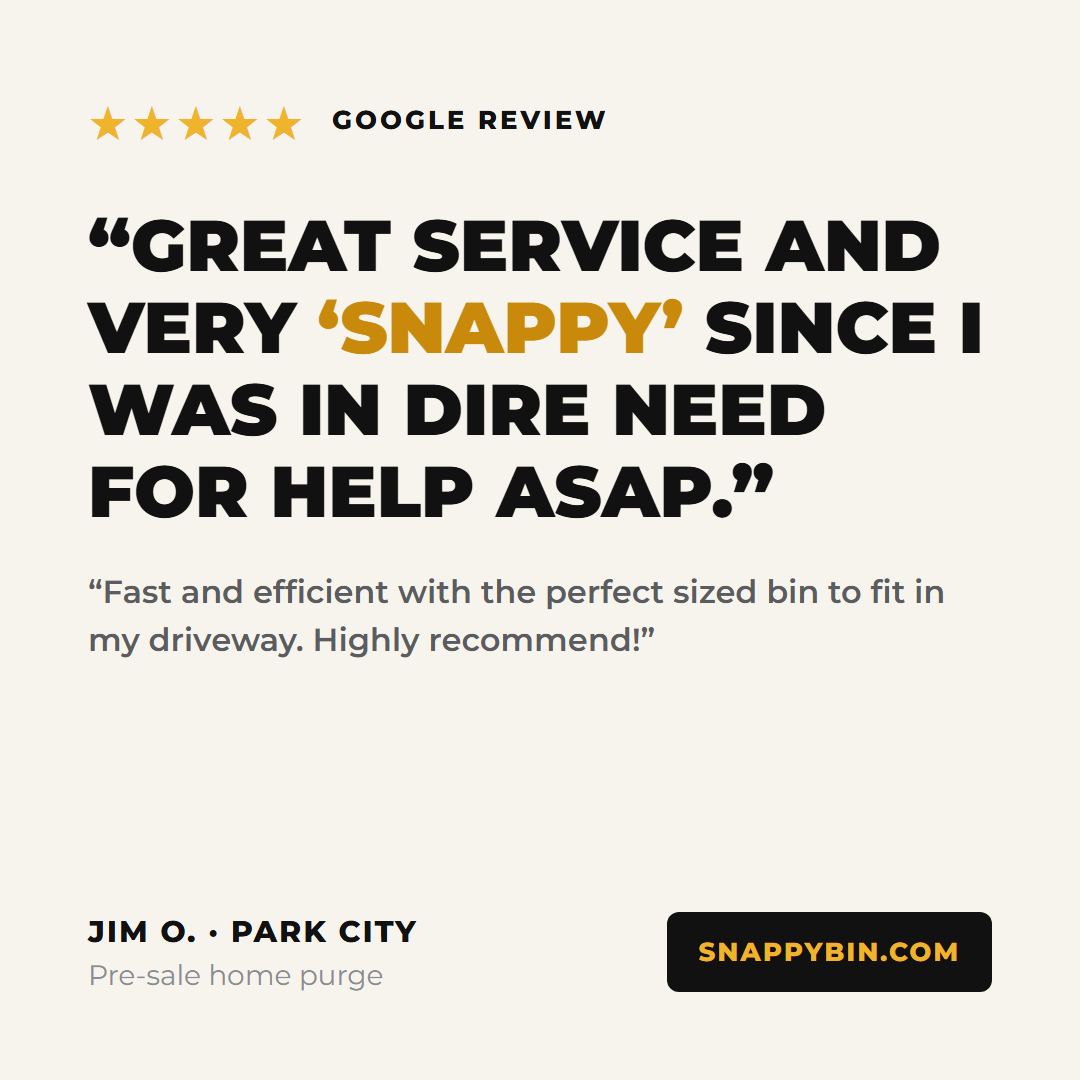 Five-star Google review from Jim O. for SnappyBin dumpster rental in Park City