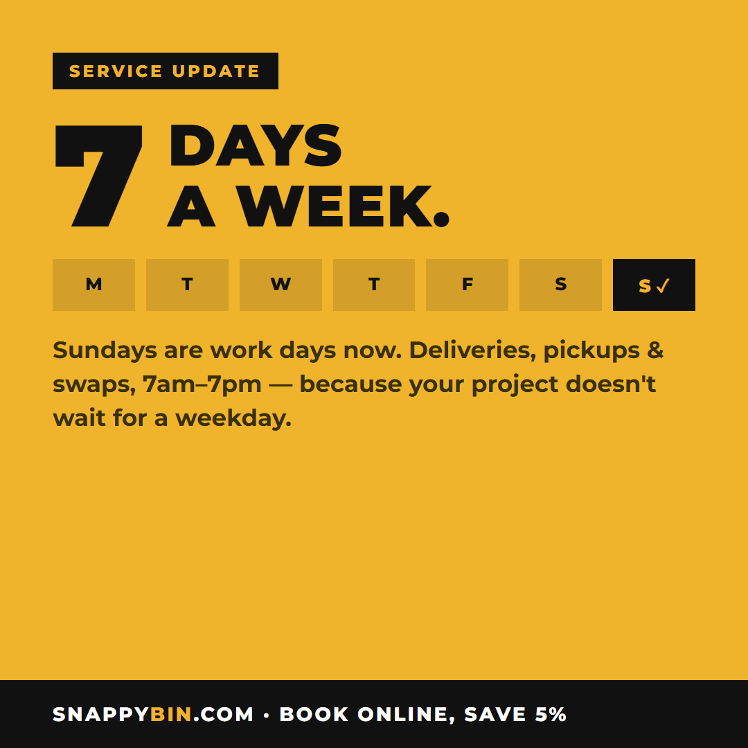 Service update: SnappyBin dumpster rentals now deliver 7 days a week in Park City, 7am to 7pm